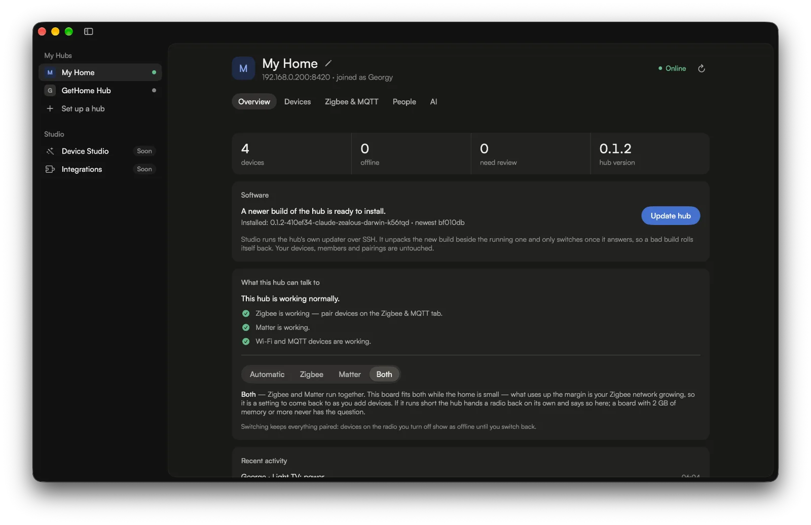 gethome Studio 1.0.4 on the same page: two hubs in the sidebar with status dots, and the page in an inset panel — a compact header with the address and the tabs, then the counts as one row of figures.