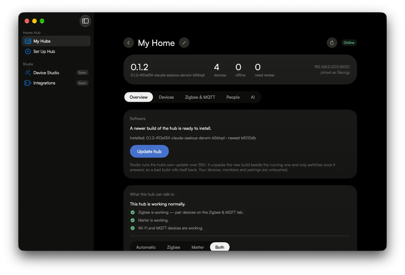 gethome Studio 1.0.3 on a hub’s Overview: My Hubs and Set Up Hub in the sidebar, a large title with a back button, a status card holding the version and the device counts, then the tabs.