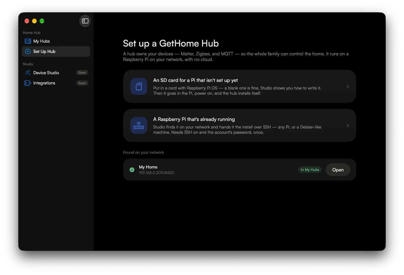 Studio 1.0.3 setting up a hub: the two ways in stacked as wide rows, and a hub found on the network below them.