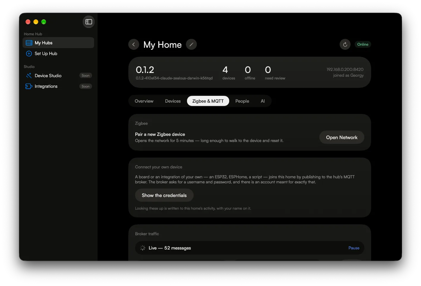 Studio 1.0.3 on the Zigbee & MQTT tab: the title and the status card take the top of the window, and the broker traffic starts at its bottom edge.
